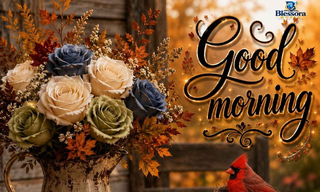 Good morning fall blessings with colorful autumn leaves and warm sunrise
